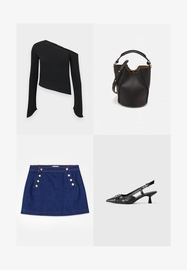 Top negru cu mânecă lungă, având un decolteu asimetric, textură riată, design scurt și mâneci lungi cu manșete rotunjite.; FRAME SAILOR SNAP SKIRT - Fustă denim - celestine; Pantofii slingback din piele neagră, cu vârful ascuțit, curele decorative cu ochiuri din metal și toc bloc mic. Suprafață texturată.; Geantă din piele neagră în stil bucket, cu un finisaj texturat, accente din metal auriu și un compartiment deschis. Dispune de o mânere scurtă și un curea de umăr ajustabilă.