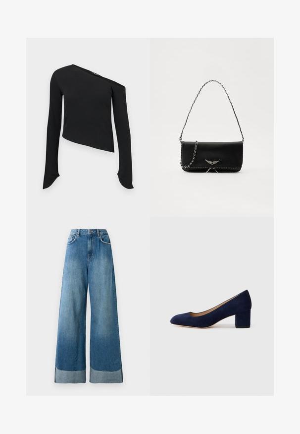 Black long-sleeve top featuring an asymmetric neckline, ribbed texture, cropped design, and elongated sleeves with rounded cuffs.; High-waist wide-leg blue denim jeans with front pockets, button closure, and visible faded cuff detail at the hem.; Navy blue suede pump with a pointed toe and a mid-height block heel. Smooth texture with a subtle sheen and a small cutout at the front.; Black leather handbag with a silver chain strap, featuring decorative wing accents and white stitching along the bottom seam.