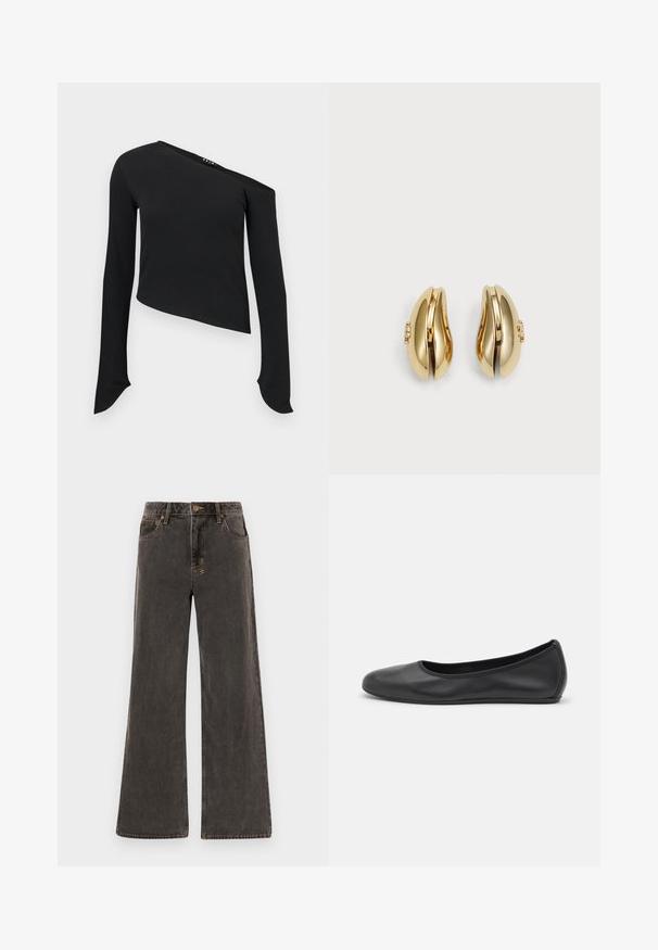 Juodas ilgomis rankovėmis marškinėliai su asimetriniu kaklu, grublėta tekstūra, trumpu dizainu ir išilgintomis rankovėmis su apvaliais rankogaliais.; Plati kojinės džinsai tamsiai pilkos spalvos džinsinio audinio. Yra aukštas liemuo, penki kišenės ir kontrastingi auksiniai siuvinėjimai. Subtilus nusidėvėjimas suteikia tekstūrinį išvaizdą.; Juodai odiniai baletai su apvaliu pirštu, lygi texture, minimalus siuvimo detales ir lanksčiu padų dizainu.; Aukso spalvos auskarai su srauniu, kreiviu dizainu. Kiekvienas auskoras turi lygų paviršių ir mažą užsegimą su dekoratyviu akcentu.