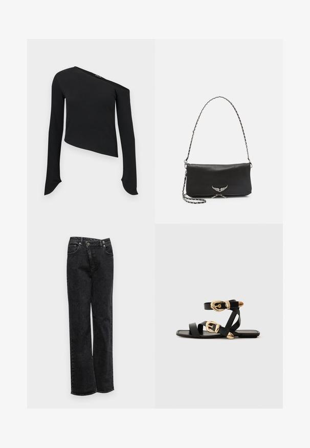 Must have mustrisetega mustriga mustrisetega keha osa peal, millel on lühem lõige, ebatavaline kaelus, soonik tekstuur ja pikad varrukad ümmarguste mansettide ning kootud viimistlusega.; Mustad denim püksid sirge lõikega, varustatud nööbiga kinnituse, viie tasku, peene tekstuuri ja venitamata servadega.; Mustad nahast sandaalid kuldsete pandlitega, millel on mitmed rihmad ja lame talladisain avatud varba jaoks.; Must mustaem kott, millel on sujuv disain, hõbedane tiibadega logo ja ahelrihm. Tekstuuriga viimistlus ja lukuga sulgemine.