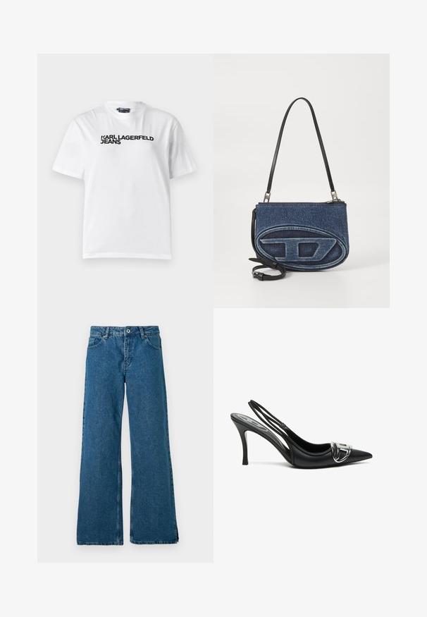 White cotton t-shirt with a crew neckline, short sleeves, and black printed text reading "KARL LAGERFELD JEANS" across the chest.; Wide-leg blue denim jeans with a classic five-pocket design, featuring a front button and zip closure, and subtle faded texture.; Black slingback high heels with a pointed toe, featuring a shiny silver buckle detail and a slender heel. Smooth leather texture, minimalistic design.; Denim crossbody bag with a black leather strap, oval logo design on the front, and a zip closure at the top. Textured finish.