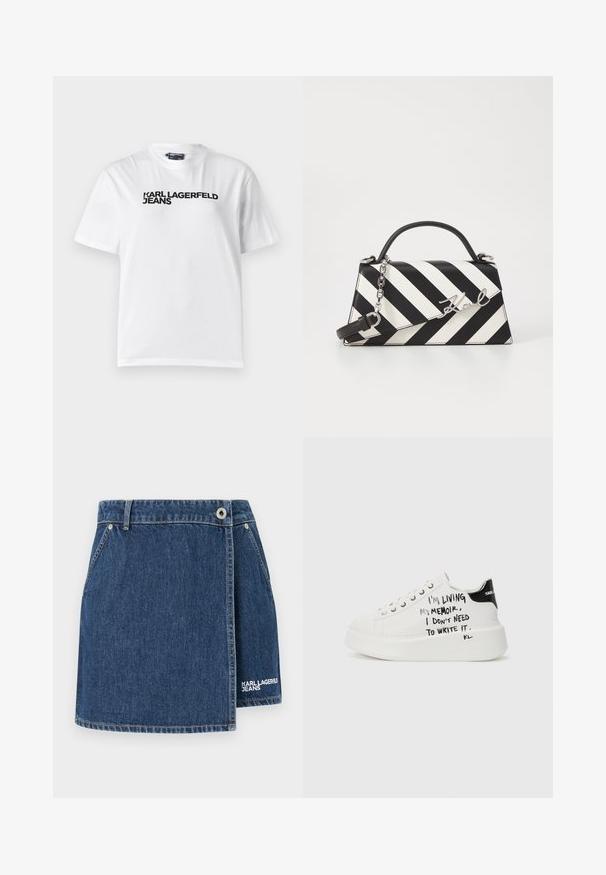Tricou alb din bumbac, cu guler rotund, mâneci scurte și text imprimat negru care spune "KARL LAGERFELD JEANS" pe piept.; Fustă din denim de culoare albastru închis, cu un design înfășurat, accesorii din argint și broderie albă cu logo-ul "KARL LAGERFELD JEANS" la tiv.; Adidași cu platformă albă și accente negre, având o talpă texturată și text scris de mână pe laturi. Material din piele netedă.; Geantă cu dungi alb-negru, cu o formă structurată, având un mâner superior, o curea din lanț detașabilă și un accent metalic cu logo.