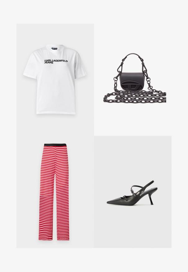 Biała bawełniana koszulka z okrągłym dekoltem, krótkimi rękawami i czarnym nadrukiem tekstu "KARL LAGERFELD JEANS" na piersi.; Czerwono-białe, szerokie spodnie w paski z czarną elastyczną talią, wykonane z miękkiego materiału, z równymi poziomymi paskami.; Czarne skórzane sandały na obcasie typu slingback z wydłużonym noskiem, smukłym obcasem i ozdobnym zapięciem na cholewce. Gładka tekstura i elegancka forma.; Mała czarna torebka wykonana z gładkiej skóry, o zaokrąglonym kształcie, z logo z przodu i teksturowanym łańcuszkiem.