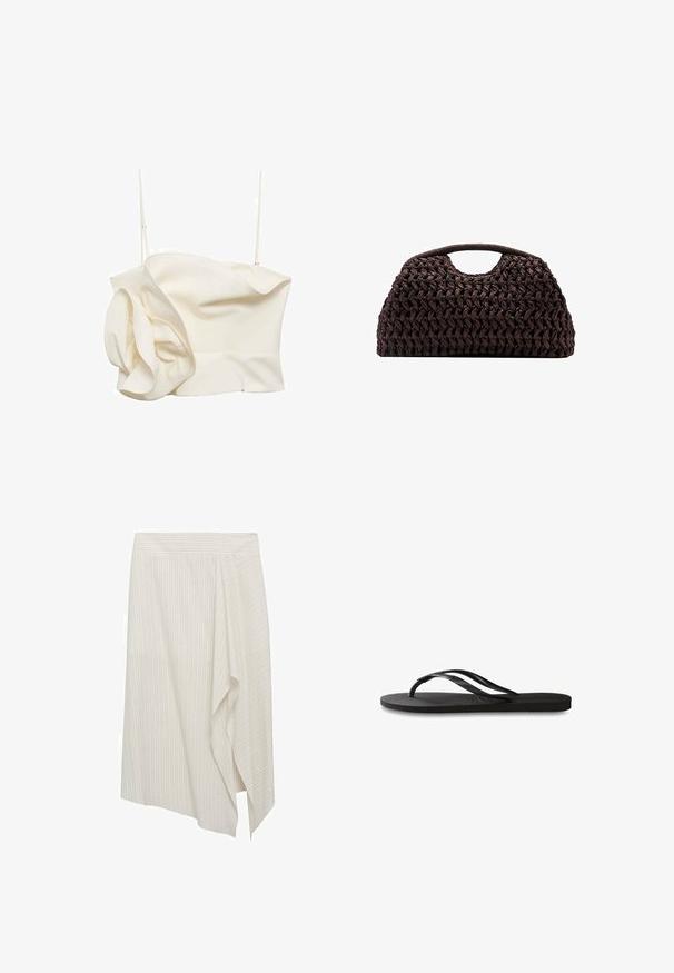 Cream-colored, fitted top with lightweight fabric, one ruffled side detail, and thin adjustable straps. Smooth texture with minimal seams.; Asymmetrical white skirt with light vertical stripes, featuring a draped design and smooth fabric texture. Simple waistband, unadorned.; Black flip-flop featuring a textured rubber sole, two slender straps, and a subtle, embossed logo detail on the strap.; Woven brown handbag with a rounded silhouette, featuring a top handle and textured surface. Compact design with a flat base for stability.