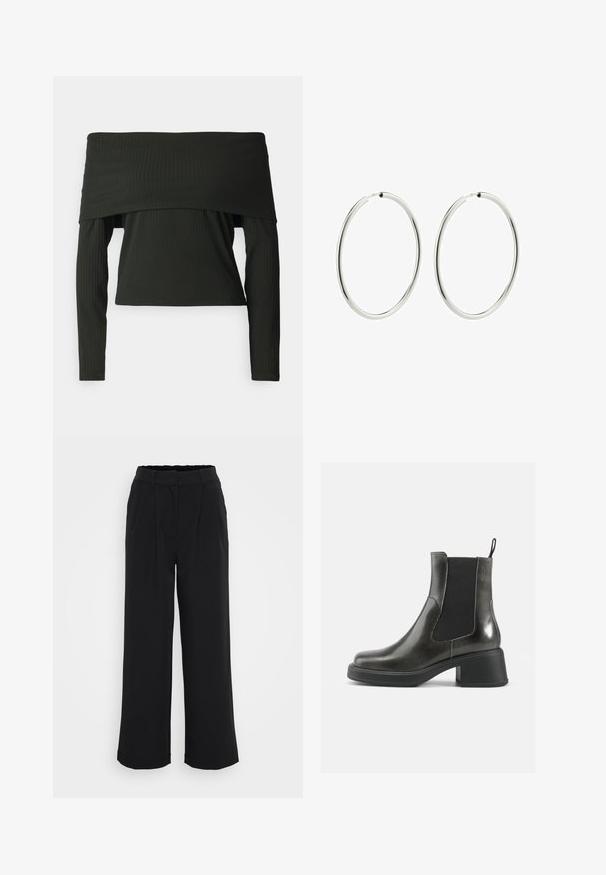 Juodas, raukšlėtas bepečių modelio viršus su ilgomis rankovėmis. Turi plačią iškirptę ir prigludusį siluetą. Bendras paviršius lygus.; Juodi plačiakulkiai kelnių pagaminti iš lygaus audinio, su raukšlėtu priekiu, elastine juosta ir be matomų kišenių ar detalių.; Juodos odinės kulkšninių botai su lygia apdaila, elastingais šonais ir storu kulnu. Yra vilkimo kilpa, skirta patogesniam apsiaustui.; Sidabriniai auskarai su lygiu, blizgiu paviršiumi. Apskritimo forma, vienodas plotis, sukurti lengvam užsegimui. Paprasti ir elegantiški.