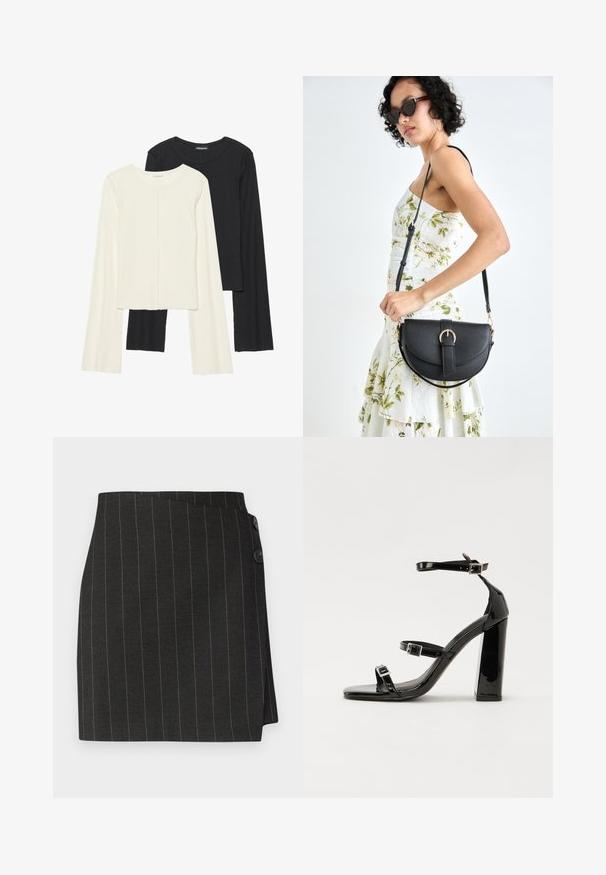 Set van twee longsleeve tops in wit en zwart. Geribbelde textuur, ronde hals, aansluitend ontwerp met licht uitlopende mouwen.; Zwarte pinstripe rok met een op maat gemaakte pasvorm, voorzien van een asymmetrisch wikkeldesign en twee knopen bij de taille voor sluiting.; Zwarte gepatenteerde sandalen met hak en een vierkante neus, enkelbandjes en zilveren gespen. Heeft een stevige blokhak voor stabiliteit.; Zwarte leren handtas met een gebogen vorm, afneembare schouderband en gouden hardware. De tas heeft een klep met een gespsluiting.