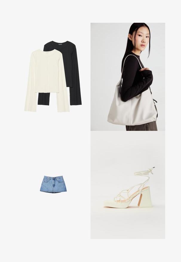 Set van twee longsleeve tops in wit en zwart. Geribbelde textuur, ronde hals, aansluitend ontwerp met licht uitlopende mouwen.; Leren rok in lichtblauw, met een hoge taille, voorkruimelzakken en een licht uitlopende zoom. Soepele textuur met minimale stiksels.; Witte hoge hakken sandaal met een chunky hak, met een bandjesontwerp en enkelband. Gladde textuur met een plateau voor extra hoogte.; Beige handtas gemaakt van zacht materiaal, met een slonzig ontwerp, gestikte details en twee schouderbanden. Geschikt voor dagelijks gebruik.