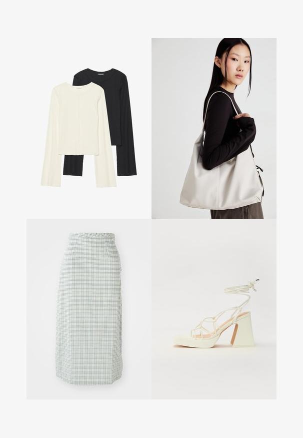 Set van twee longsleeve tops in wit en zwart. Geribbelde textuur, ronde hals, aansluitend ontwerp met licht uitlopende mouwen.; Een knie-lange rok in een lichtgroen en wit geruit patroon, met een soepele textuur en een getailleerde snit met zijzakken.; Witte hoge hakken sandaal met een chunky hak, met een bandjesontwerp en enkelband. Gladde textuur met een plateau voor extra hoogte.; Beige handtas gemaakt van zacht materiaal, met een slonzig ontwerp, gestikte details en twee schouderbanden. Geschikt voor dagelijks gebruik.