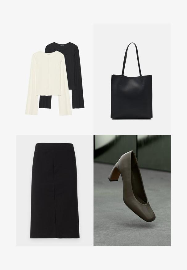 Két darabból álló hosszú ujjú felsők szettje fehér és fekete színben. Bordás textúra, kerek nyakkivágás, testhez simuló fazon, enyhén bővülő ujjakkal.; Fekete, térdige érő, ceruzaszoknya puha anyagból, sima derékkal és egyenes siluettel, látható díszítések nélkül.; Sötét olíva zöld bőrből készült, négyzet alakú orrú, tömbsarkú magassarkú cipő, amely lebeg egy szürke betonpadlón, elmosódott zöld háttér előtt.; Fekete bőrtáska sima felszínnel, téglalap alakú, két hosszú füllel. Nincs látható fémkiegészítő vagy díszítés.
