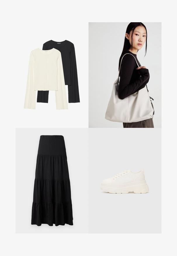 Conjunto de duas blusas de manga longa em branco e preto. Textura canelada, decote redondo, design ajustado com mangas ligeiramente evasê.; Saia maxi preta feita de tecido suave, apresentando um design em camadas com uma cintura elástica e detalhes em renda na barra.; Sapatilhas brancas em lona com sola espessa, biqueira arredondada e cinco ilhós para atacadores. Laço traseiro para calçar facilmente. Textura suave, design minimalista.; Uma bolsa bege feita de material macio, com um design descontraído, detalhes de costura e duas alças para o ombro. Adequada para uso diário.