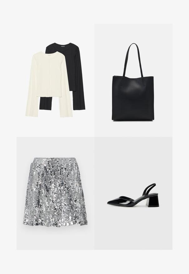 Sett med to langermede topper i hvit og svart. Ribbete tekstur, rund hals, tettsittende design med lett utsvingte ermer.; JJXX JXTARA SEQUIN - Miniskjørt - silver; Svarte patentlær slingback hæler med spiss tå og geometrisk blokk hæl. Har et stilrent, minimalistisk design og jevn tekstur.; Svart lær tote bag med glatt tekstur, rektangulær form og to lange håndtak. Ingen synlige deler eller dekorasjoner.