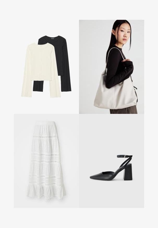 Két darabból álló hosszú ujjú felsők szettje fehér és fekete színben. Bordás textúra, kerek nyakkivágás, testhez simuló fazon, enyhén bővülő ujjakkal.; Fehér maxi szoknya, amely réteges kialakítással, szemcse hímzéssel és csipkés részletekkel rendelkezik, smockolt derékbőséggel és fodros szegéllyel.; Fekete bőr, hegyes orrú magassarkú cipő boka pánttal és vastag sarokkal. Sima textúra, elegáns dizájn és minimális esztétika.; Puha anyagból készült bézs kézitáska, laza dizájnnal, varrott részletekkel és két vállpánttal. Mindennapi használatra alkalmas.