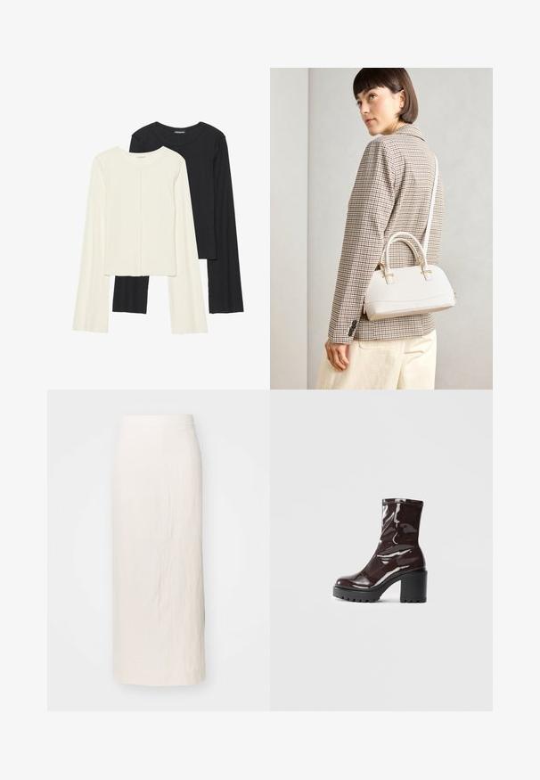 Conjunto de dos camisetas de manga larga en blanco y negro. Textura acanalada, cuello redondo, diseño ajustado con mangas ligeramente acampanadas.; Falda de lino color crema con una silueta recta, hasta la rodilla. Presenta una cinturilla limpia y una textura sutil. Sin herrajes ni acentos visibles.; Botín burdeos brillante hasta el tobillo con un tacón negro grueso, que presenta una textura suave y un diseño sencillo. Sin cierres ni patrones visibles.; Bolso estructurado blanco con asas cortas y una correa para el hombro, que presenta detalles en dorado y material texturizado, exhibido sobre un fondo gris.