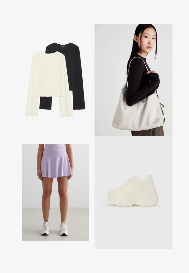 Set aus zwei Langarmoberteilen in Weiß und Schwarz. Rippstruktur, Rundhalsausschnitt, figurbetontes Design mit leicht ausgestellten Ärmeln.; Lila Sportrock mit schwingendem Saum, aus einem glatten, elastischen Stoff gefertigt. Kombiniert mit weißen Sneakers mit grauen Akzenten.; Weiße Platform Sneakers mit einem glatten, lederähnlichen Obermaterial, abgerundeter Form, gepolstertem Kragen und strukturierten Gummisohlen mit ausgeprägten Stollen.; Beige Handtasche aus weichem Material, mit einem lässigen Design, gesteppten Details und zwei Schulterriemen. Geeignet für den täglichen Gebrauch.