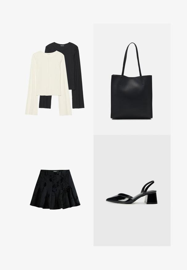 Dviejų ilgomis rankovėmis marškinėlių rinkinys, baltas ir juodas. Raukšlėta tekstūra, apvalus kaklas, prigludusi forma su šiek tiek platėjančiomis rankovėmis.; Juoda klostuota sijonas su gėlėmis, pagamintas iš tekstūruoto audinio. Turi juosmenį ir paslėptą užtrauktuką.; Juodos lakuotos odinės šlepetės su smailiu pirštu ir geometriniu bloko kulnu. Turi elegantišką, minimalistinį dizainą ir lygų paviršių.; Juodas odinis tote krepšys su lygia tekstūra, stačiakampio formos ir dviem ilgais rankenomis. Matomų metalinių detalių ar puošybos nėra.