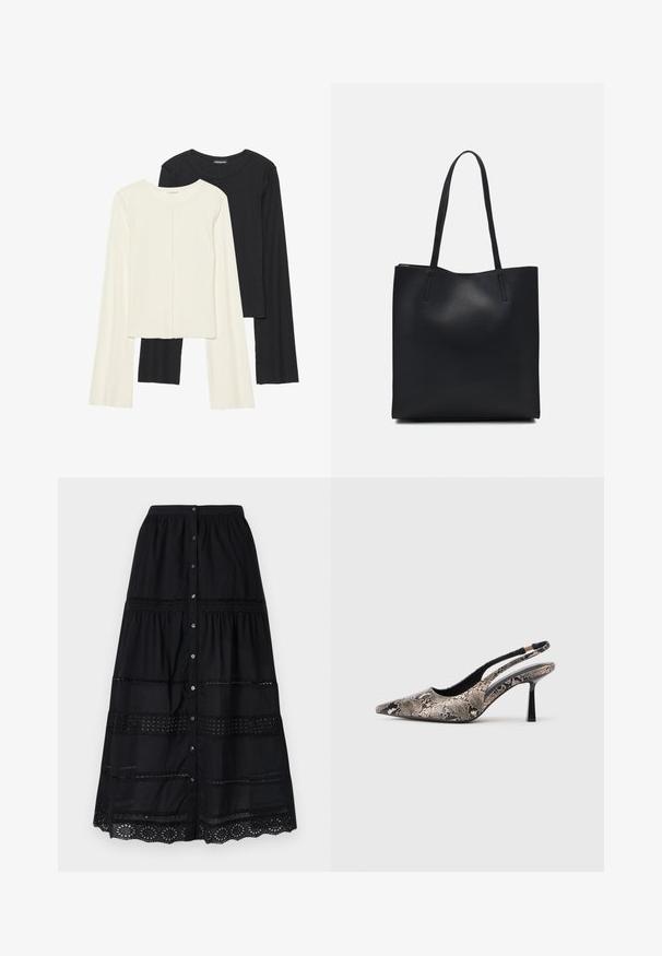 Sett med to langermede topper i hvit og svart. Ribbete tekstur, rund hals, tettsittende design med lett utsvingte ermer.; Sorte knappeskjørt med lagdelt design, prydet med blondekant og teksturert stoff. Inkluderer sølvknapper foran.; Pekefotede slingback-sko laget av teksturert slange-print materiale, med en slank svart hæl og et utskjæringsdesign på sidene.; Svart lær tote bag med glatt tekstur, rektangulær form og to lange håndtak. Ingen synlige deler eller dekorasjoner.