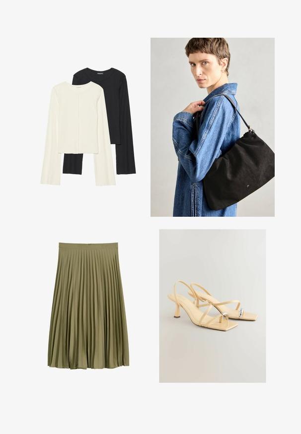 Sæt med to langærmede toppe i hvid og sort. Ribbet tekstur, rund halsudskæring, tætsiddende design med let udvidede ærmer.; Olivenfarvet midi-længde plisseret nederdel med talje og skjult lynlås i ryggen.; Beige hælede sandaler med firkantet tå, tynde stropper og en metallisk detalje på tåen. Høj blokhæl for stabilitet.; Sort ruskindshåndtaske med en blød, struktureret form, der har en slank læderrem og et subtilt brandlogo. Modellen bærer en denimjakke.