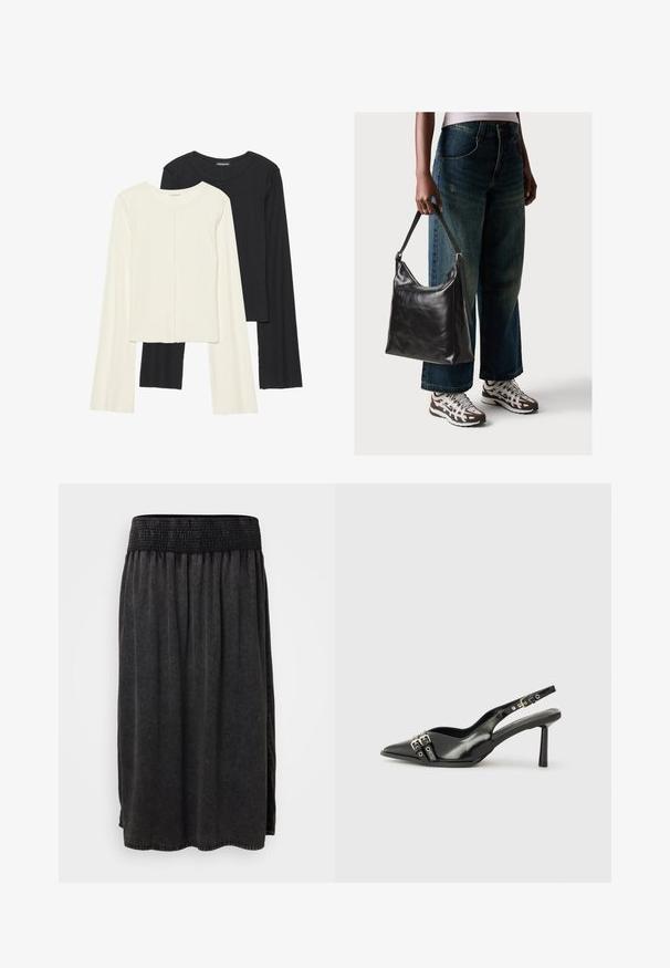Conjunto de duas blusas de manga longa em branco e preto. Textura canelada, decote redondo, design ajustado com mangas ligeiramente evasê.; Saia midi preta com cintura franzida, apresentando um tecido suave e um design fluido. Não são visíveis bolsos ou adornos.; Sapato slingback preto em pele patentada com bico apontado, tiras no tornozelo apresentando fivelas e acessórios prateados, e um salto elegante.; Bolsa de ombro em couro preto com textura suave e alça ajustável, combinada com jeans de perna larga desbotados e ténis desportivos.