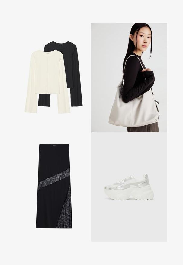 Set of two long-sleeve tops in white and black. Ribbed texture, round neck, fitted design with slightly flared sleeves.; Even&Odd Maxi skirt - black; Silver sneaker with a textured mesh upper and iridescent accents, featuring a chunky white sole and lace-up closure.; Beige handbag made of soft material, featuring a slouchy design, stitched detailing, and two shoulder straps. Suitable for everyday use.