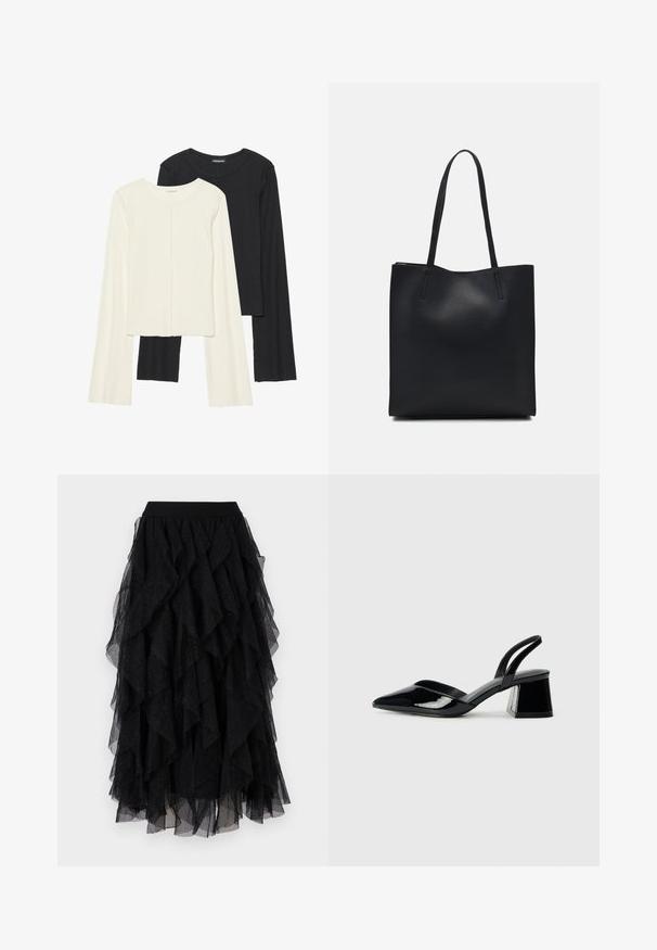 Dviejų ilgomis rankovėmis marškinėlių rinkinys, baltas ir juodas. Raukšlėta tekstūra, apvalus kaklas, prigludusi forma su šiek tiek platėjančiomis rankovėmis.; Juodas tiulis sijonas su sluoksniuotomis raukšlėmis, minkšta tekstūra ir subtiliais blizgesio akcentais. Elastingas juosmuo užtikrina patogų prigludimą.; Juodos lakuotos odinės šlepetės su smailiu pirštu ir geometriniu bloko kulnu. Turi elegantišką, minimalistinį dizainą ir lygų paviršių.; Juodas odinis tote krepšys su lygia tekstūra, stačiakampio formos ir dviem ilgais rankenomis. Matomų metalinių detalių ar puošybos nėra.