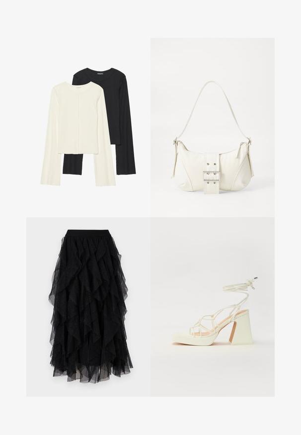 Sett med to langermede topper i hvit og svart. Ribbete tekstur, rund hals, tettsittende design med lett utsvingte ermer.; Svart tyllskjørt med lagdelte volanger, myk tekstur og subtile glitterdetaljer. Elastisk midjebånd for en komfortabel passform.; Hvit høyhælte sandal med kraftig hæl, med en stroppe-design og ankelbånd. Glatt tekstur med plattform foran for ekstra høyde.; Hvit skulderveske med teksturert overflate, sentral spennefokus og buet form. Glidelåslukking på begge sider.