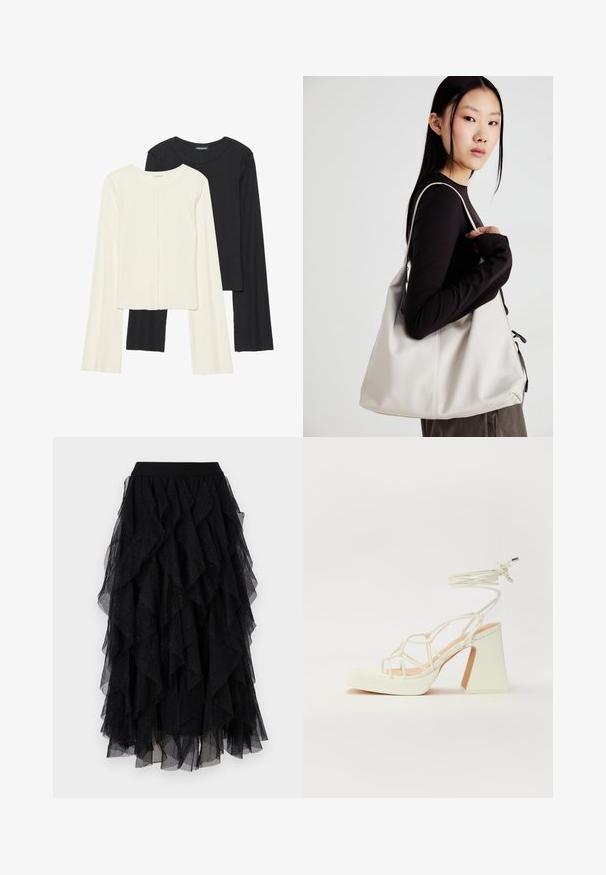 Set of two long-sleeve tops in white and black. Ribbed texture, round neck, fitted design with slightly flared sleeves.; Black tulle skirt featuring layered ruffles, soft texture, and subtle glitter accents. Elastic waistband for a comfortable fit.; White high-heeled sandal with a chunky heel, featuring a strappy design and ankle tie. Smooth texture with a platform front for added height.; Beige handbag made of soft material, featuring a slouchy design, stitched detailing, and two shoulder straps. Suitable for everyday use.