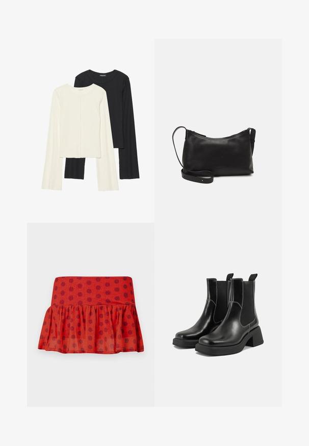 Zestaw dwóch bluzek z długim rękawem w kolorze białym i czarnym. Prążkowana struktura, okrągły dekolt, dopasowany fason z lekko rozszerzanymi rękawami.; Czerwona spódnica z falbanami w czarne kropki, wykonana z lekkiego materiału. Posiada dopasowany pas i warstwowy krój.; Czarne skórzane botki Chelsea na mocnej podeszwie, z elastycznymi panelami bocznymi i kontrastującym białym ściegiem. Teksturowane wykończenie.; Czarna skórzana torba na ramię o gładkiej fakturze, zakrzywionym kształcie, regulowanym pasku i zapięciu na zamek. Minimalistyczny design bez zdobień.