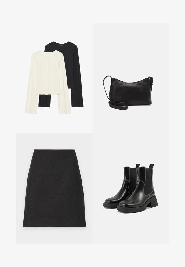 Divu garo piedurkņu tops komplekts baltā un melnā krāsā. Ribota tekstūra, apaļš kakls, pieguļoša dizaina ar nedaudz izplestām piedurknēm.; Melna vilnas mini svārki ar taisnu siluetu, gludu tekstūru un smalkām sānu šuvēm. Nav redzamu aizdaru vai rakstu.; Melni ādas Čelsijas zābaki ar masīvu papēdi, elastīgām sānu panelēm un kontrastējošu balto šuvumu. Teksturēts apdare.; Melna ādas plecu soma ar gludu tekstūru, izliekta forma, regulējama siksna un rāvējslēdzēja aizdare. Minimālistisks dizains bez rotājumiem.