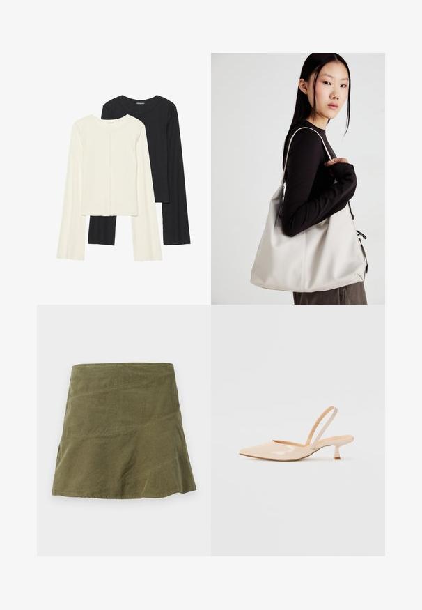 Kaksik Eri pikkusega valge ja musta värvi pikkade varrukatega topsi. Ribikstruktuur, ümar kaelus, lihav disain, veidi laienevate varrukatega.; Olive roheline puuvillane riie seelik, millel on laienev kuju, diagonaalsed õmblused ja peen tekstuur. Keskmise pikkusega disain, ilma nähtavate sulgesteeta.; Beežist lakitud nahast slingback kontsad terava nina ja peene ruudukujulise kontsaga. Sile tekstuur ja minimalistlik disain ilma kaunistusteta.; Bež käekott pehme materjali, millel on lõtv disain, õmblustega detailid ja kaks õlarihma. Sobib igapäevaseks kasutamiseks.