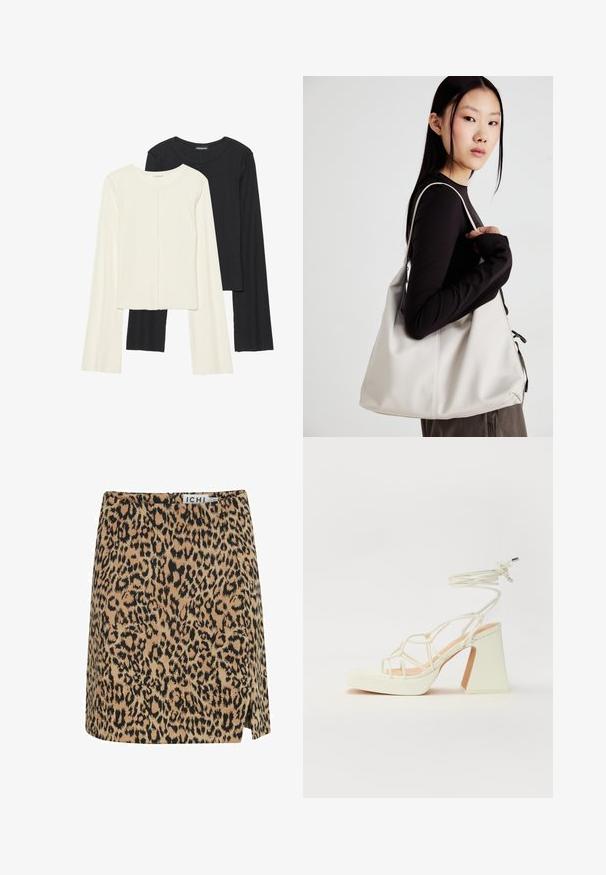 Set van twee longsleeve tops in wit en zwart. Geribbelde textuur, ronde hals, aansluitend ontwerp met licht uitlopende mouwen.; Minirok met luipaardprint van zachte stof, met een beige achtergrond en zwarte vlekken, zij-split en een discrete rits aan de achterkant.; Witte hoge hakken sandaal met een chunky hak, met een bandjesontwerp en enkelband. Gladde textuur met een plateau voor extra hoogte.; Beige handtas gemaakt van zacht materiaal, met een slonzig ontwerp, gestikte details en twee schouderbanden. Geschikt voor dagelijks gebruik.