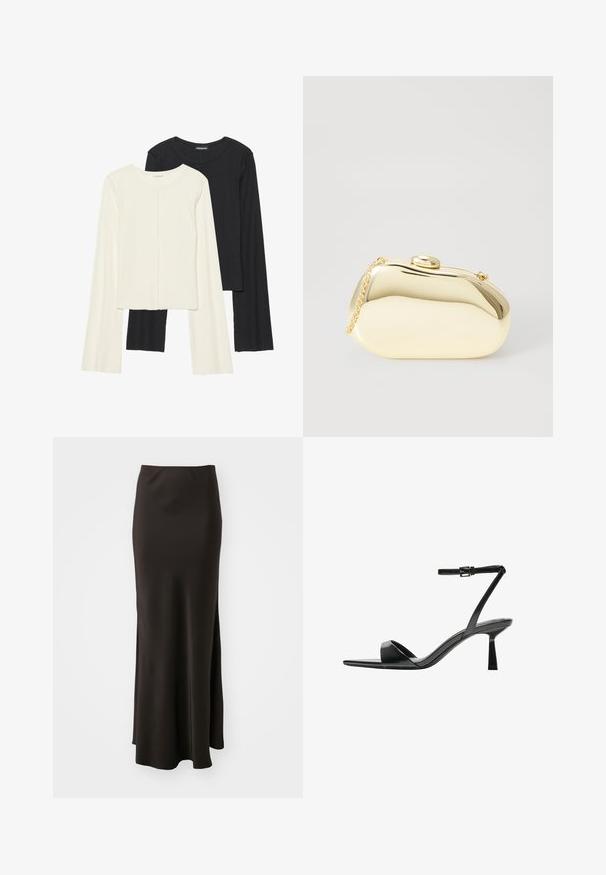 Souprava dvou dlouhých rukávů v bílé a černé barvě. Hladká textura, kulatý výstřih, upnutý střih s mírně rozšířenými rukávy.; Cras MERMAIDCRAS SKIRT - Maxi sukně - chocolate torte; Bershka Sandály na vysokém podpatku - black; Metalická zlatá kabelka s hladkým, zaobleným tvarem, opatřená horním zapínáním na knoflík a malým řetízkovým popruhem pro nošení.