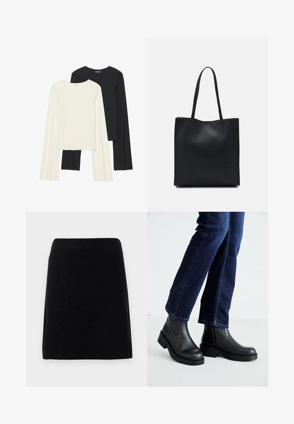 Set aus zwei Langarmoberteilen in Weiß und Schwarz. Rippstruktur, Rundhalsausschnitt, figurbetontes Design mit leicht ausgestellten Ärmeln.; Schwarzer Minirock aus weichem Material, mit geradem Schnitt und nahtlosem Bund, ohne sichtbare Verschlüsse oder Muster.; Schwarze Lederstiefeletten mit einer dicken Sohle und seitlichen Elastikeinsätzen, kombiniert mit dunkelblauen Jeans. Der Boden ist hellfarbig.; Schwarze Laptoptasche aus Leder mit glatter Textur, rechteckiger Form und zwei langen Griffen. Keine sichtbaren Beschläge oder Verzierungen.