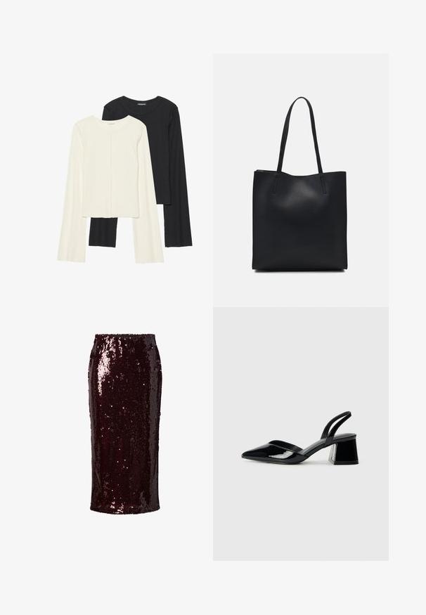 Set van twee longsleeve tops in wit en zwart. Geribbelde textuur, ronde hals, aansluitend ontwerp met licht uitlopende mouwen.; Bordeaux pailletten kokerrok met een getailleerde silhoutte, een gladde textuur, knie-lang, met een glanzend, reflecterend oppervlak en zonder zichtbare sluitingen.; Zwarte gepatineerde leren slingback hakken met een spitse neus en een geometrische blokhak. Kenmerkt zich door een slank, minimalistisch ontwerp en een gladde textuur.; Zwarte leren handtas met een gladde textuur, rechthoekige vorm en twee lange handvaten. Geen zichtbare hardware of versieringen.