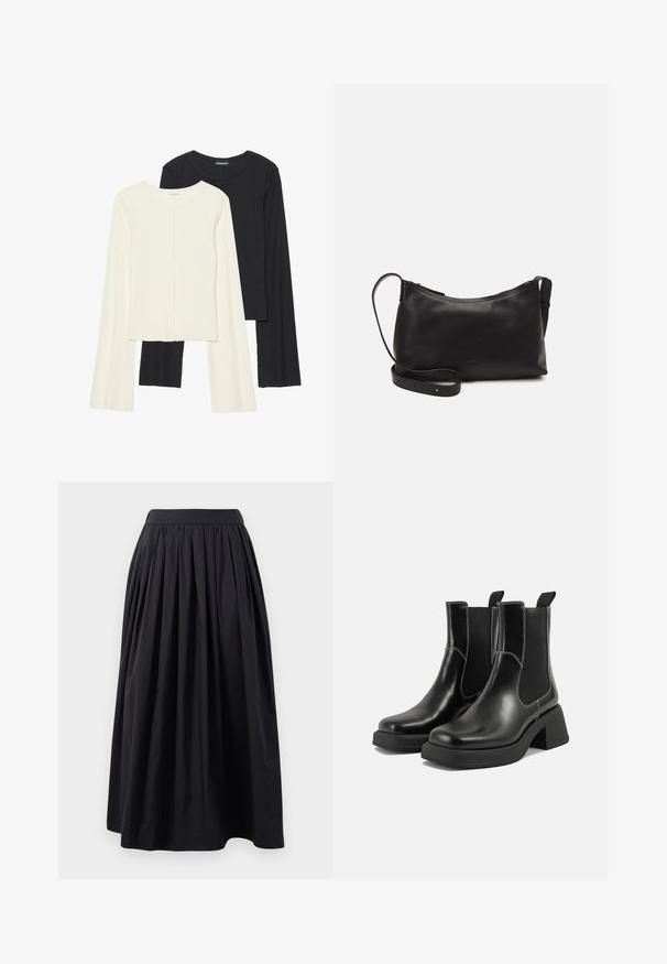 Ensemble de deux hauts à manches longues en blanc et noir. Texture côtelée, col rond, design ajusté avec des manches légèrement évasées.; Jupe noire, longueur genou, en tissu léger avec une large taille froncée et un design plissé, offrant une silhouette ample.; Bottes Chelsea en cuir noir avec un talon épais, des panneaux latéraux élastiques et des coutures blanches contrastantes. Fini texturé.; Sac à épaule en cuir noir avec une texture lisse, une forme courbée, une bandoulière ajustable et une fermeture éclair. Design minimaliste sans embellissements.