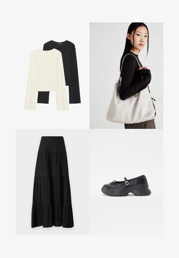 Conjunto de duas blusas de manga longa em branco e preto. Textura canelada, decote redondo, design ajustado com mangas ligeiramente evasê.; Saia maxi preta em camadas com uma cintura franzida, design fluido e textura suave. Apresenta três camadas de tecido distintas.; Sapatilha Mary Jane em couro preto com bico arredondado, detalhe de laço e tiras ajustáveis ao tornozelo. Apresenta uma sola de borracha robusta com acentos curvados.; Uma bolsa bege feita de material macio, com um design descontraído, detalhes de costura e duas alças para o ombro. Adequada para uso diário.