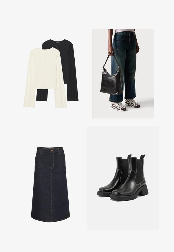 Set van twee longsleeve tops in wit en zwart. Geribbelde textuur, ronde hals, aansluitend ontwerp met licht uitlopende mouwen.; Donkerdenim midi-rok met een rechte silhouet, voorzien van een sluiting met knopen aan de voorkant en contrasterende gele stiksels.; Zwarte leren Chelsea-boots met een chunky hak, elastische zijpanelen en contrasterende witte stiksels. Gestructureerde afwerking.; Zwarte leren schoudertas met een gladde textuur en een verstelbare strap, gecombineerd met vervaagde wijde jeans en sportieve sneakers.