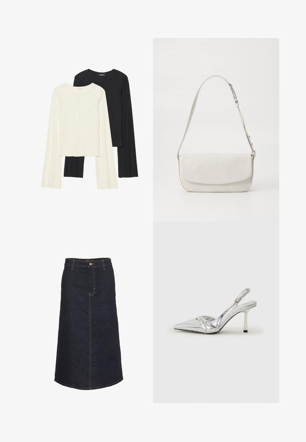 Súprava dvoch dlhých rukávov v bielej a čiernej farbe. Žebrovaná textúra, okrúhly výstrih, priliehavý strih s mierne rozšírenými rukávmi.; Tmavomodrá denimová midi sukňa s priamym strihom, s predným zapínaním na gombíky a kontrastným žltým prešívaním.; Strieborné slingback lodičky na vysokom opätku s špicatou špičkou, metalickým povrchom, dvoma dekoratívnymi pruhmi a štíhlym opätkom s čiernym hrotom.; Biela kožená kabelka cez rameno s hladkým povrchom, obdĺžnikovým tvarom, preklápacím uzáverom a nastaviteľným remienkom. Jednoduché šitie.