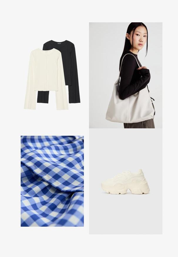 Kaksi pitkähihainen puseroa valkoisena ja mustana. Varren neulos, pyöreä kaulus, tiukka malli, jossa on hieman levenevät hihat.; Sininen ja valkoinen ruudullinen kangas pehmeällä tekstuurilla, jossa on pieniä neliöitä vuorotellen sinisissä sävyissä. Sisältää räsyreunan yksityiskohdan.; Paksut valkoiset lenkkarit, jotka on valmistettu teksturoidusta verkosta ja synteettisistä materiaaleista. Kenkäparissa on paksu pohja ja monimutkaisat kuviohuokoset sivuilla.; Beige laukku, joka on valmistettu pehmeästä materiaalista, ja siinä on rento muotoilu, ommeltu yksityiskohtia ja kaksi olkahihnaa. Sopii päivittäiseen käyttöön.