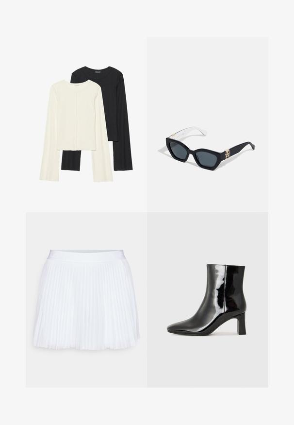 Kaksik Eri pikkusega valge ja musta värvi pikkade varrukatega topsi. Ribikstruktuur, ümar kaelus, lihav disain, veidi laienevate varrukatega.; Valge volditud seelik siledaga vöökoht. Valmistatud kergest kangast, millel on ühtlane voldimuster üle kogu seeliku.; Must-sinine nahkjalats musta läikiva viimistlusega, millel on terav nina ja keskmise kõrgusega plokk konts. Sile tekstuur ja minimalistik disain.; Tommy Hilfiger Päikeseprillid - blue; Mustmust mustraha kõverate joontega, eemaldatava rihmaga ja kuldsete detailidega. Kotil on klapp, millel on pandladetail.