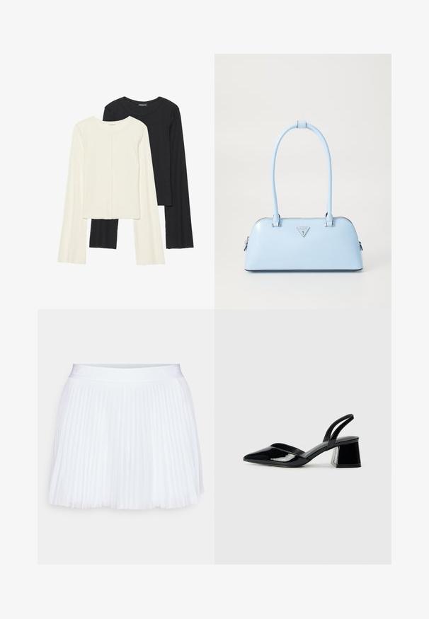 Kaksi pitkähihainen puseroa valkoisena ja mustana. Varren neulos, pyöreä kaulus, tiukka malli, jossa on hieman levenevät hihat.; Valkoinen laskostettu hame, jossa on sileä vyötärö. Kevyistä materiaaleista valmistettu, ja se, sisältää tasaisen laskospatterin kautta koko hameen.; Mustat patentoitu nahkakengät, joissa on säären takaosa ja terävä kärki, sekä geometrinen palikkakorko. Sisältää tyylikkään, minimalistisen muotoilun ja sileän pinnan.; Vaaleansininen käsilaukku, joka on muotoiltu jämäkästi, valmistettu sileästä nahasta, varustettu kahdella kahvalla ja edessä kolmiomainen brändilogo. Vetoketjukiinnitys.