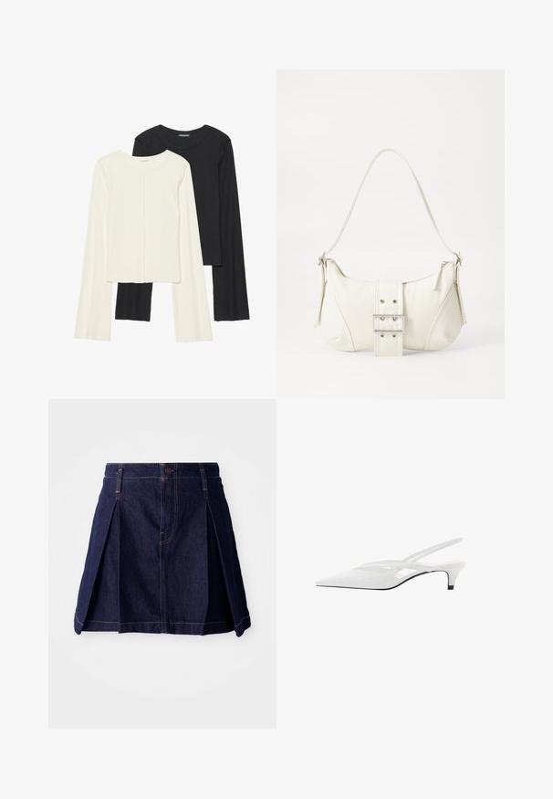 Set de două bluze cu mâneci lungi, una albă și una neagră. Textură ribbată, decolteu rotund, design ajustat cu mâneci ușor evazate.; Fustă din denim închis, cu pliseuri, închidere cu nasturi și cusături în contrast. Design simplu, cu o formă evazată și tăietură de lungime medie.; Sandale albe cu toc slingback și vârf ascuțit, având un upper neted, decupaje subtile și un toc bloc mic. Talpa neagră accentuează designul.; Geantă albă de umăr cu un finisaj texturat, un accent cu cataramă centrală și o formă curbată. Încărcătoare cu fermoar pe ambele laturi.
