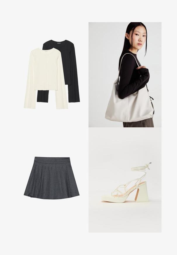 Sett med to langermede topper i hvit og svart. Ribbete tekstur, rund hals, tettsittende design med lett utsvingte ermer.; Grå rutete skater skjørt med en tettsittende midje, utflared A-linjefasong og myk stofftekstur. Loddrette linjer øker den visuelle interessen.; Hvit høyhælte sandal med kraftig hæl, med en stroppe-design og ankelbånd. Glatt tekstur med plattform foran for ekstra høyde.; Beige håndveske laget av mykt materiale, med en slapp design, sydd detaljer og to skulderstropper. Passer for daglig bruk.