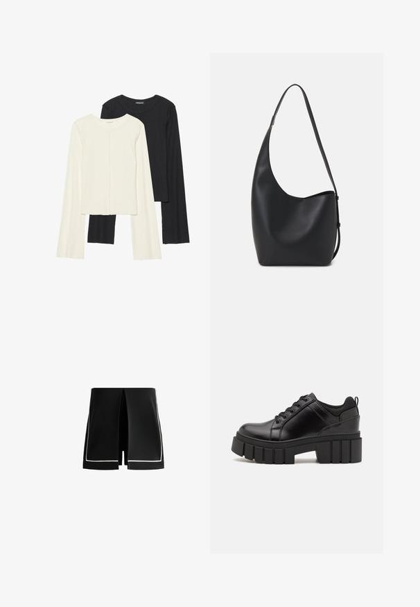 Souprava dvou dlouhých rukávů v bílé a černé barvě. Hladká textura, kulatý výstřih, upnutý střih s mírně rozšířenými rukávy.; Černé šortky s unikátním rozdělením, s bílým lemováním po okrajích. Vyrobeny z lehkého materiálu, mají čistý, moderní střih.; Černé kožené platformové boty s masivním blokovým podpatkem, kulatou špičkou a tradičním šněrováním. Mají hladký povrch a minimální detaily.; Černá kožená hobo taška s hladkým povrchem, zakřiveným tvarem a jedním nastavitelným popruhem; má široké otevírání nahoře.