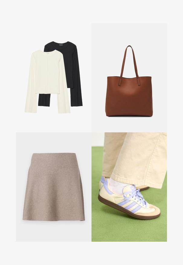 Set van twee longsleeve tops in wit en zwart. Geribbelde textuur, ronde hals, aansluitend ontwerp met licht uitlopende mouwen.; Een beige, uitlopende rok van zachte stof met een gladde textuur en een nette zoom. Eenvoudig ontwerp zonder zichtbare patronen of versieringen.; Crème- en lavendel-sneakers met drie strepen en een gestructureerde bruine zool, voorzien van veters en een gewatteerde hiel. Zachte stoffen bovenkant.; Bruine leren tote bag met een gladde textuur, een ontwerp met een open bovenkant en twee schouderbanden. Kenmerkt zich door minimale stiksels en geen zichtbare hardware.