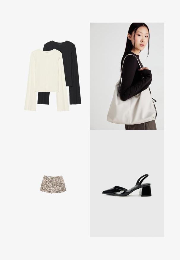 Ensemble de deux hauts à manches longues en blanc et noir. Texture côtelée, col rond, design ajusté avec des manches légèrement évasées.; Shorts en denim à imprimé léopard, base beige avec des taches marron foncé, taille haute, deux poches avant et une coupe élégante.; Escarpins en cuir verni noir avec bout pointu et talon bloc géométrique. Présente un design élégant et minimaliste ainsi qu'une texture lisse.; Sac à main beige en matériau souple, avec un design décontracté, des détails cousus et deux poignées. Idéal pour un usage quotidien.