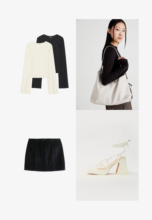 Set di due maglie a maniche lunghe, bianche e nere. Texture a coste, scollo tondo, design aderente con maniche leggermente svasate.; Gonna mini in denim scuro, caratterizzata da cuciture gialle a contrasto, una silhouette aderente e una chiusura a zip. Design classico a cinque tasche.; Sandalo bianco con tacco alto, caratterizzato da un design a cinturini e un legaccio alla caviglia. Texture liscia con una piattaforma frontale per un'altezza aggiuntiva.; Borsa a mano beige realizzata in materiale morbido, caratterizzata da un design morbido, dettagli cuciti e due manici. Adatta per l'uso quotidiano.