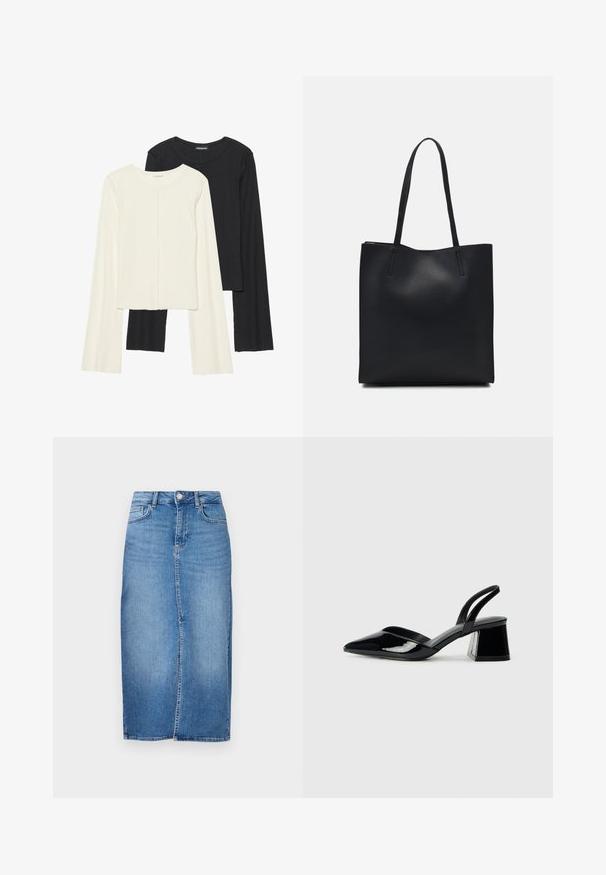 Nabor dveh dolgih rokavov v beli in črni barvi. Žameten vzorec, okrogla ovratnica, prilegajoča zasnova z rahlo razširjenimi rokavi.; Denim midi krilo v svetlo modri barvi, s ravnim krojem, sprednjim razporkom in tradicionalnim pet-imarnim oblikovanjem žepov z kovinskimi detajli.; Črne lakirane slingback pete s koničastim nosom in geometrijsko blokasto peto. Imajo eleganten, minimalističen dizajn in gladko teksturo.; Črna usnjena torba s svilnato teksturo, pravokotne oblike in dvema dolgima ročajema. Brez vidnih metalnih delov ali okrasnih elementov.