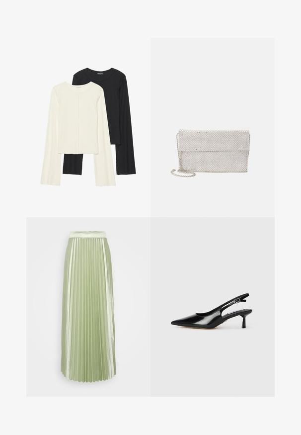 Set de două bluze cu mâneci lungi, una albă și una neagră. Textură ribbată, decolteu rotund, design ajustat cu mâneci ușor evazate.; Fustă plisată în satin verde deschis, cu un talie latenă largă și pliuri verticale, creând o siluetă netedă și fluidă.; Cizme slingback din piele vernil cu toc ascuțit, toc subțire și curea cu cataramă ajustabilă. Textură netedă cu detalii minime.; Geantă de mână din plasă argintie cu un design texturat, țesut, având un capac pliabil și o curea de lanț detașabilă pentru purtat.