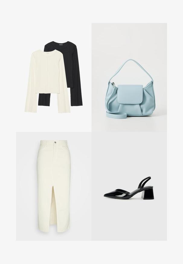 Divu garo piedurkņu tops komplekts baltā un melnā krāsā. Ribota tekstūra, apaļš kakls, pieguļoša dizaina ar nedaudz izplestām piedurknēm.; Balta denim midi svārki ar priekšējo izgriezumu, piecu kabatu dizainu un metāla pogu aizdari. Gluda tekstūra, augsta jostas līnija, taisna silueta.; Melna lakota āda ar atvērto papēdi, ar smailu purngalu un ģeometrisku blokpapēdi. Iezīmējas elegants, minimāls dizains un gluda tekstūra.; Gaiši zila ādas rokassoma ar augšējo rokturi, priekšējo vāku kabatu un noņemamu roku siksniņu uz baltas fona.