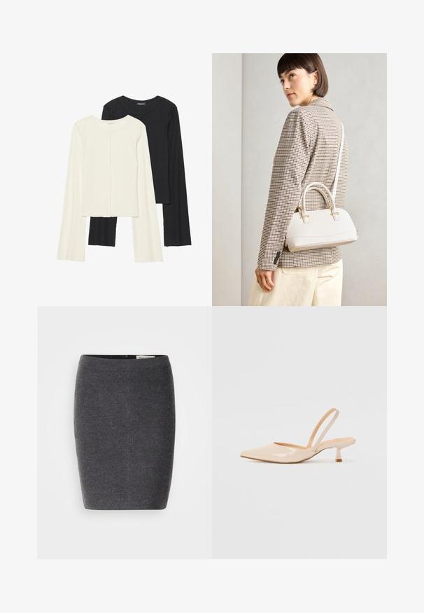 Kaksik Eri pikkusega valge ja musta värvi pikkade varrukatega topsi. Ribikstruktuur, ümar kaelus, lihav disain, veidi laienevate varrukatega.; Hallhalli villane pliiatsiseeliku sileda tekstuuri ja keha järgi lõikega, millel on diskreetne vöökoht ja ei ole nähtavaid kaunistusi.; Beežist lakitud nahast slingback kontsad terava nina ja peene ruudukujulise kontsaga. Sile tekstuur ja minimalistlik disain ilma kaunistusteta.; Valge struktureeritud käekott lühikeste käepidemete ja õlavööga, millel on kuldse riistvara aktsendid ja tekstuuriga materjal, eksponeeritud halli taustal.; Kuldse värvi kõrvarõngad, mis on kaunistatud tekstuursete ja laineliste kujunditega. Komplektis on skulpturaalsed klamber kõrvarõngad ja avatud rõngasdisain, millel on lõhestatud viimistlus.